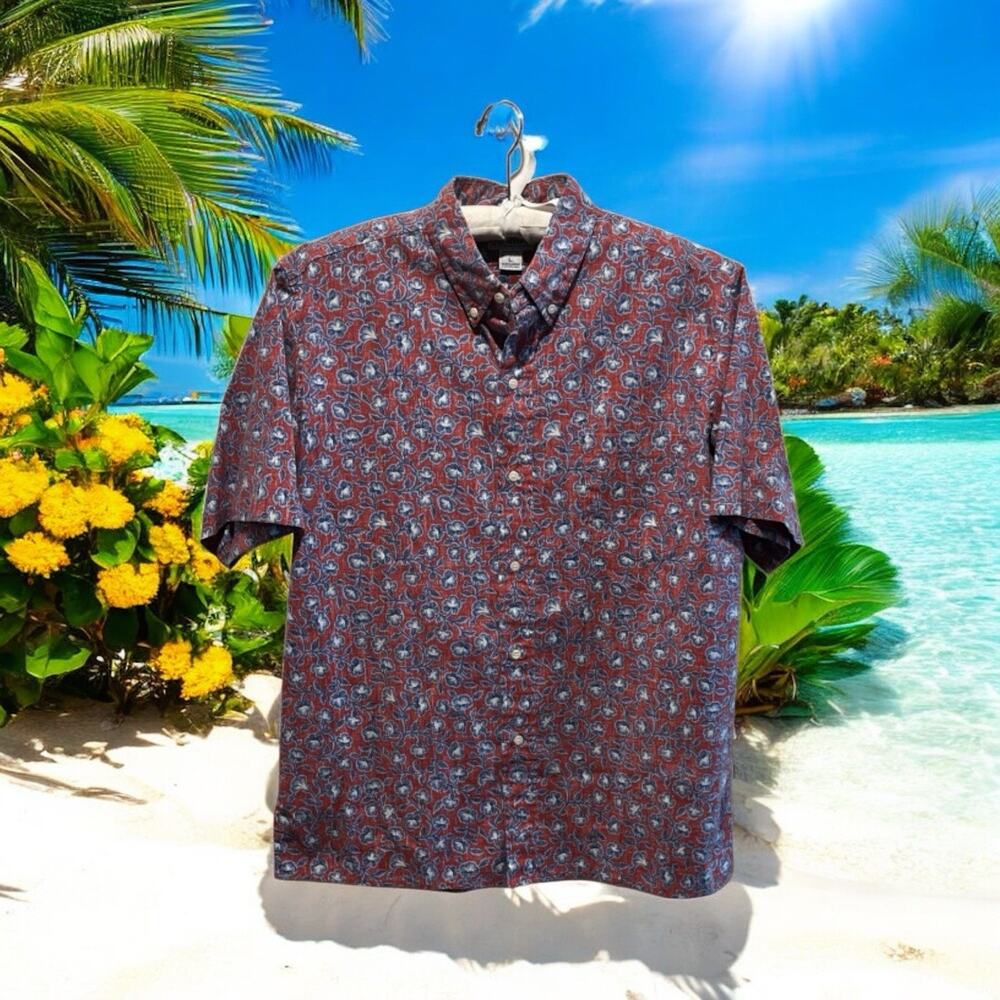 Reyn Spooner Camp Shirt L Floral Red Blue Button Down Short Sleeve Aloha Hawaian